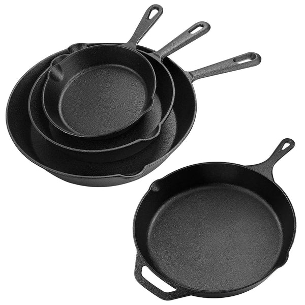 Set 4-Piece Pre-Seasoned Cast Iron Skillet – Even Heat Distribution – Multipurpose – Suitable for all Cooktops - Cast Iron Set – Grill pan – Frying Pan – Indoor & Outdoor Cookware