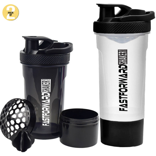 Fast Forward Shaker Bottle - 24 Ounce Protein Shaker Plastic Bottle for Pre & Post workout with Twist and Lock Protein Box Storage Pack of 2 Fast Forward