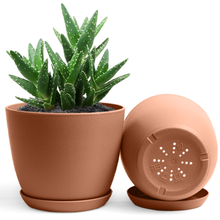 Decorative Flower Pots with Drainage - Set of 2 Plastic Planters for Indoor Plants